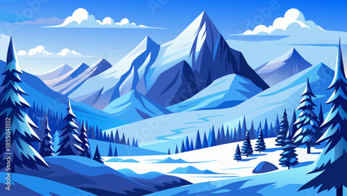 Winter mountain landscape vector with snow-covered peaks and pine trees, cold blue color palette, flat style