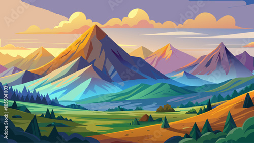 Flat mountain landscape vector illustration with layered hills, soft gradient sky, minimal style, peaceful nature background, wide panoramic view