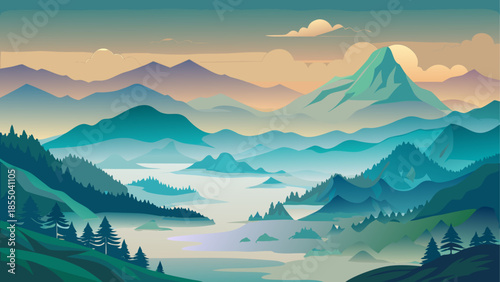 Layered mountain landscape vector with mist and fog, depth effect, tranquil atmosphere, flat illustration style