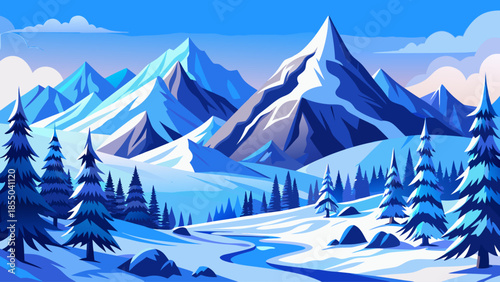 Winter mountain landscape vector with snow-covered peaks and pine trees, cold blue color palette, flat style