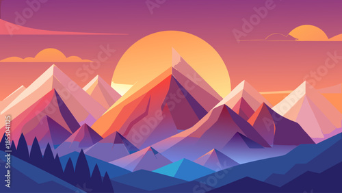 Minimal mountain range vector with sunrise, soft pastel colors, clean shapes, modern flat illustration, copy space