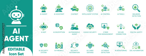 AI agent and security vectors. Features chatbot, robot, shield, and smart cloud icons. Perfect for SaaS UI, cybersecurity, and web defense.