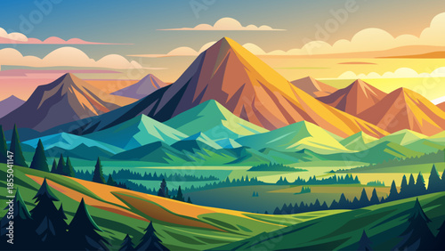 Flat mountain landscape vector illustration with layered hills, soft gradient sky, minimal style, peaceful nature background, wide panoramic view