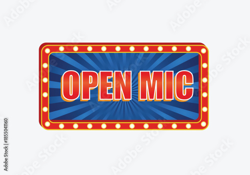 Open Mic Neon Sign Banner with Retro Lights on Blue Background