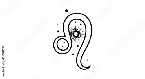 Stylized black and white line art representation of the leo zodiac sign surrounded by celestial dots and stars.