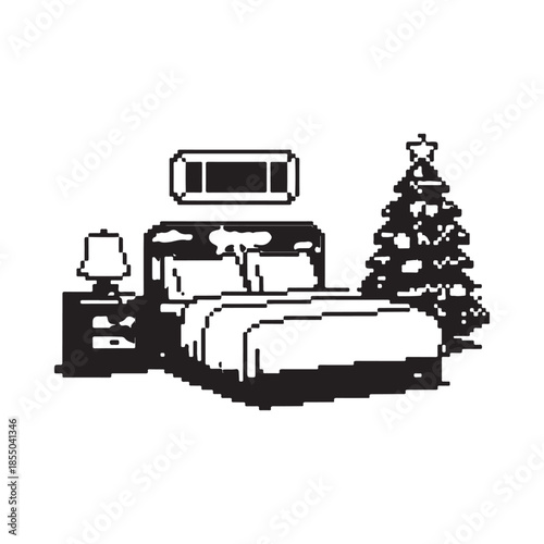 A pixelated bedroom scene featuring a bed nightstand and christmas tree