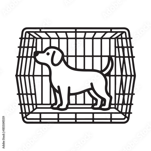 A cute dog looking out from inside a wire pet carrier