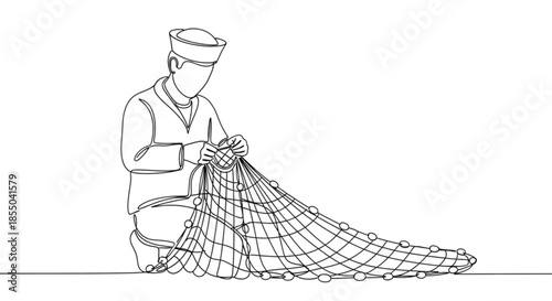 Sailor repairing fishing net while sitting on the ground indoors  