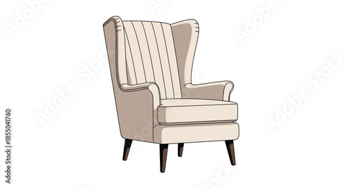 Elegant beige wingback armchair with vertical stitching and dark wooden legs isolated on a plain white background.
