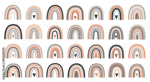 Collection of hand-drawn boho style rainbows in various earth tones and patterns featuring hearts and decorative lines.