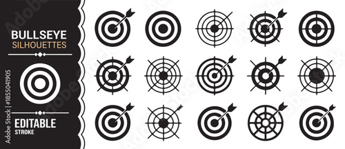 Black solid target and aim icons for business goals, strategy, and analytics design