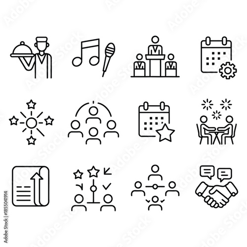 event planning icons set vector illustration editable stroke icons collection for party wedding conference meeting celebration organizer planning design elements.