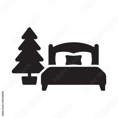 Simple black and white icon depicting a bed and a nearby evergreen tree