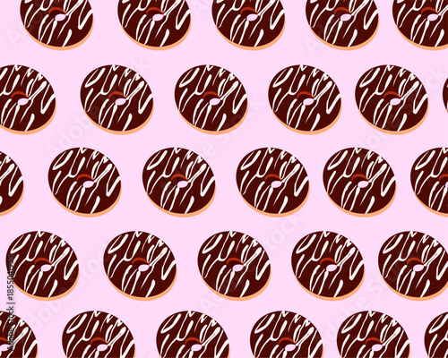Chocolate Donut Seamless Pattern on Pink Background, Sweet Chocolate Donut Repeating Pattern Flat Illustration