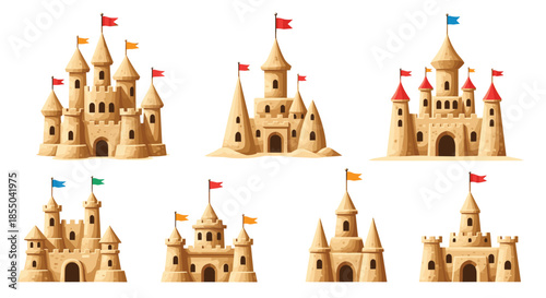 Collection of diverse sandcastle designs with various towers, flags, and architectural details for summer beach fun inspiration.