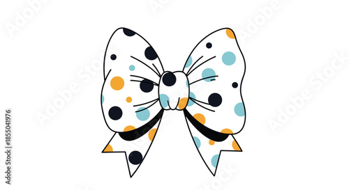 Large white decorative bow with a playful pattern of black, orange, and blue polka dots isolated on a white background.