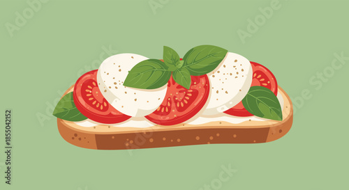 Fresh caprese bruschetta on a slice of toasted bread topped with ripe tomato slices, mozzarella cheese, and green basil.
