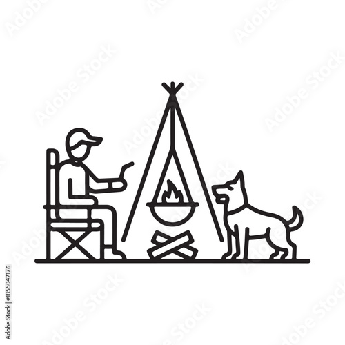 A person dog and campfire scene in a minimalist line art style