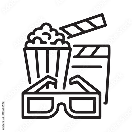 Popcorn clapperboard and 3d glasses elements for a movie night