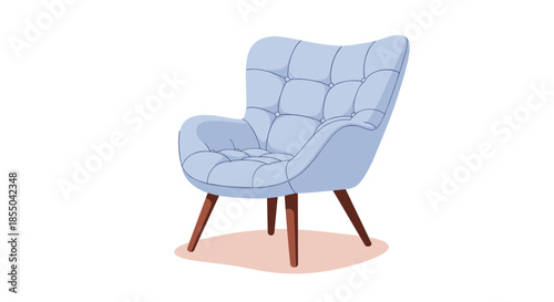 Comfortable light blue upholstered wingback armchair with dark wooden legs isolated on a plain white background for home decor.