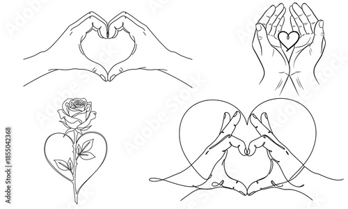 Four love symbol silhouettes formed by hands isolated on transparent background