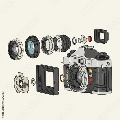 Vintage film camera exploded view illustration, showcasing its disassembled lenses, body, and accessories.