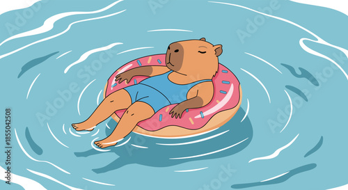 Relaxed capybara character floating on a pink strawberry-flavored donut inner tube in blue rippling water for a summer theme.