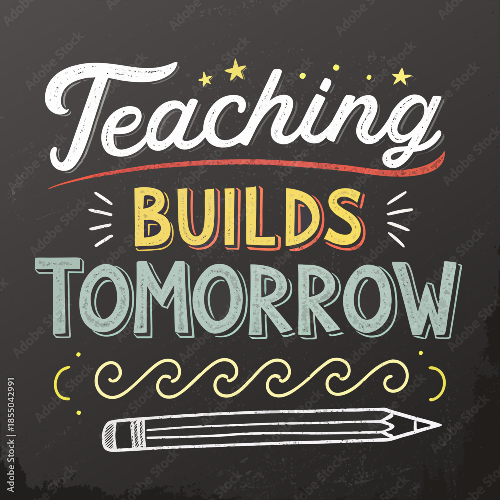 Obraz premium Uplifting chalk-style typography on a blackboard celebrating education's profound role in shaping the future, with the empowering message 'Teaching BUILDS TOMORROW' and a decorative pencil