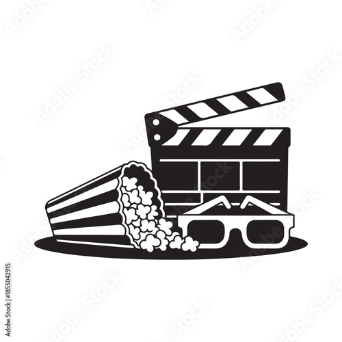 Cinema elements clapperboard popcorn and 3d glasses for a movie night