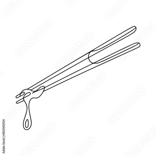 A simple line drawing depicts a fork and chopsticks together