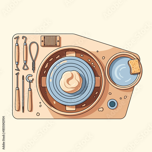 Top-down illustration of a pottery wheel with clay, water, sponge, and ceramic sculpting tools.