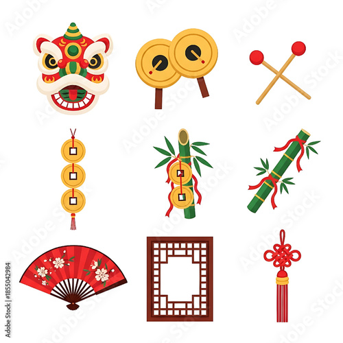 Chinese New Year elements illustration. Festive cultural symbols include lion dance head, lucky coins, bamboo, elegant hand fans, musical cymbals, and decorative knots