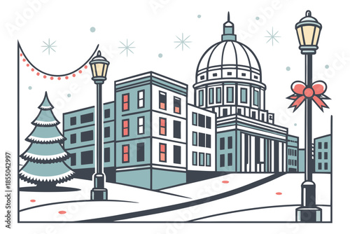 Festive cityscape with government building and Christmas decorations