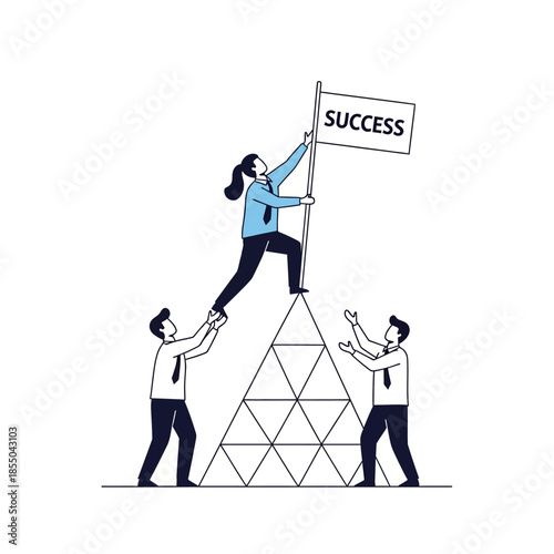 Teamwork vector illustration showing colleagues collaborating to plant a Success flag on a high geometric peak using synchronized motion, rendered in pure flat 2D style.
