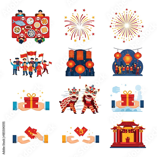 Vibrant collection of illustrations showcasing traditional Chinese New Year celebration elements, including family feasts, dazzling fireworks, festive lion dances, and cultural rituals