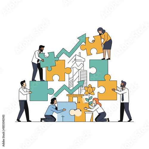 Successful team collaboration featuring four diverse business characters assembling a giant jigsaw puzzle to build a unified success structure in a pure flat 2D vector illustration.