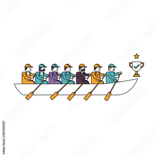 Seasonal pure flat 2D vector illustration showing eight geometric workers in a rowboat synchronously rowing towards a distant success icon, symbolizing unified teamwork and effective leadership.