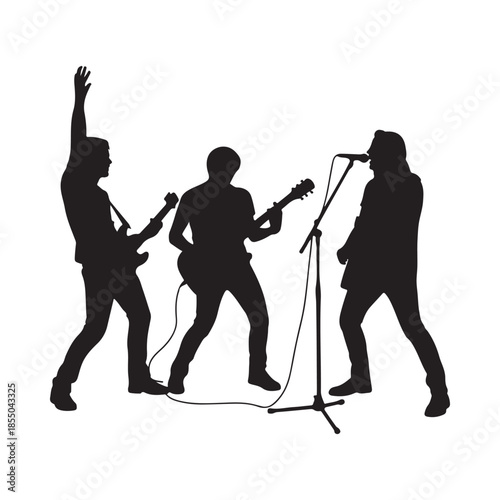 Silhouetted band performing live music with a singer guitarist and bassist