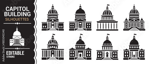 Editable capitol silhouette collection featuring classical institutional buildings