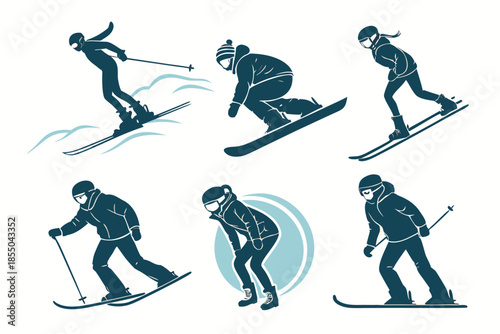 Professional skiers in dynamic winter sports poses on snow