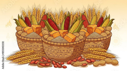 Three wicker baskets overflowing with various grains and harvest produce
