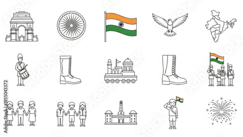 Indian republic day celebration icons, symbols and landmarks, flags, people, soldiers, boots, tanks, fireworks, india map and gate