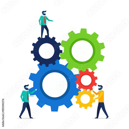 Optimized operational process management is shown in this pure flat 2D vector illustration where geometric business figures stand among interconnected, rotating cogwheels.