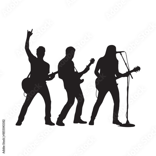 Silhouetted band performing live music on stage with guitars and energetic poses