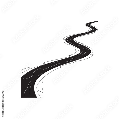  Winding road or path silhouette leading to distance, black and white vector illustration.