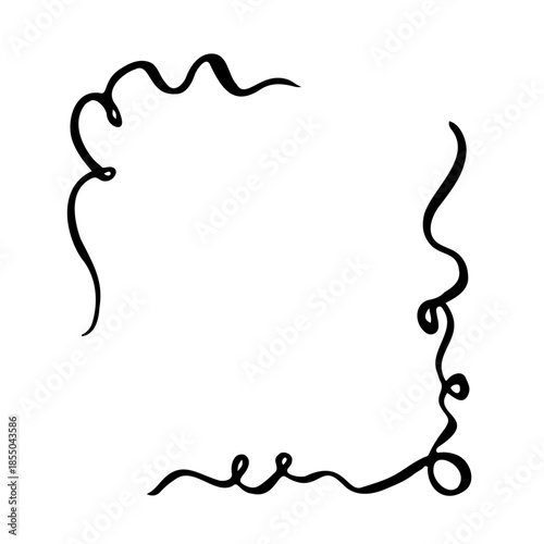 Hand-drawn elegant curly brush strokes creating a minimalist abstract frame. Fluid black ink swirls and loopy border elements on white background for modern graphic design and stationery