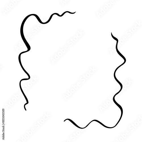 Hand-drawn wavy brush strokes forming an abstract frame. Minimalist black ink curved lines, organic fluid border elements on white background for modern graphic design