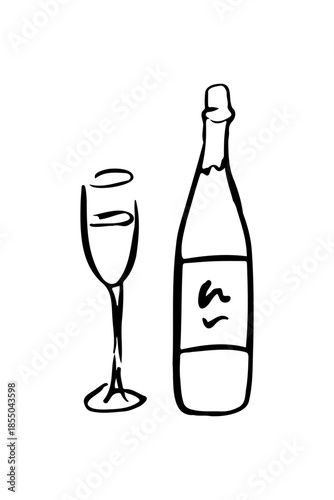 Minimalist hand drawn doodle of a champagne bottle and glass. Simple black ink outline of a wine bottle and flute with artistic brush strokes, isolated on white