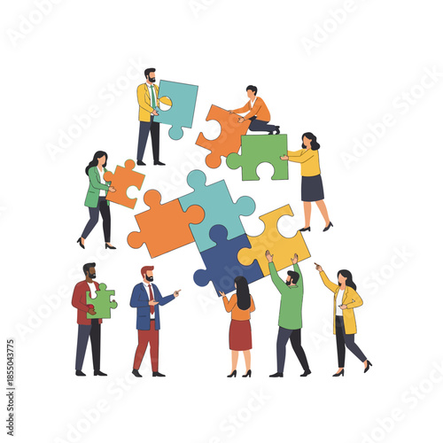 Collaborative teamwork and synergy are visualized as a diverse professional group pieces together a complex geometric puzzle in this minimalist 2D flat vector illustration.