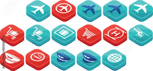 Isometric aviation and travel icon vector set with airplane, ticket, luggage, boarding, and navigation symbols for airport, airline, and tourism interface design